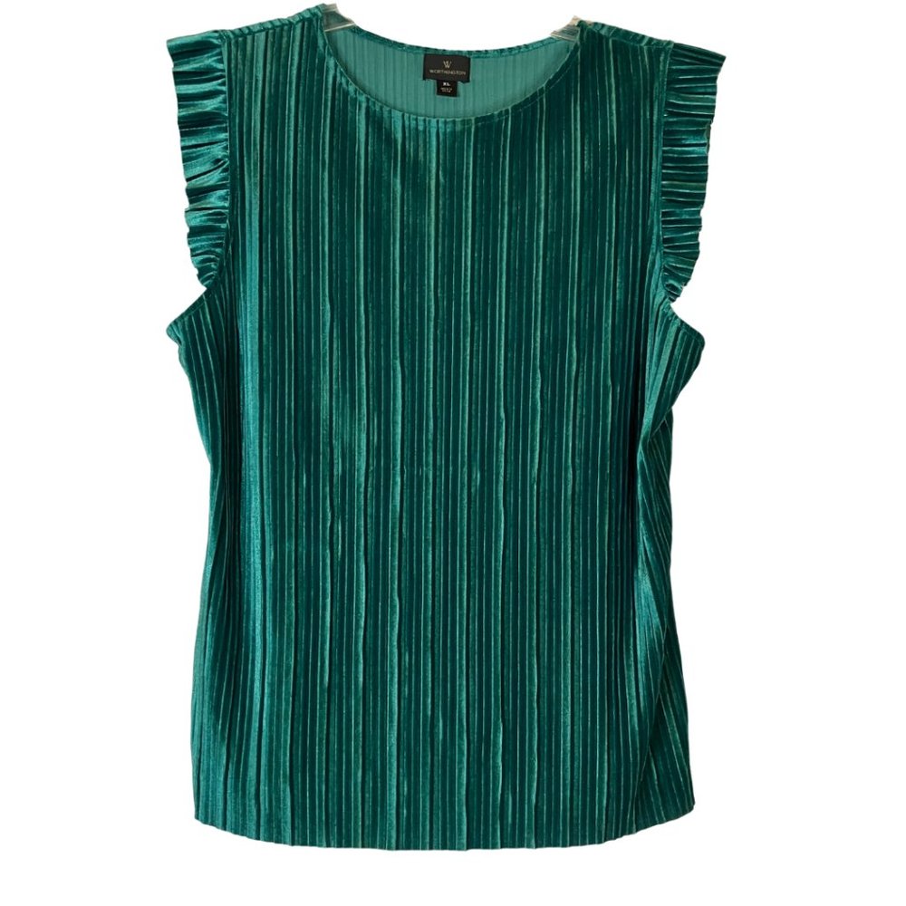 Worthington Womens Green Pleated Velvet Sleeveless Blouse Size XL